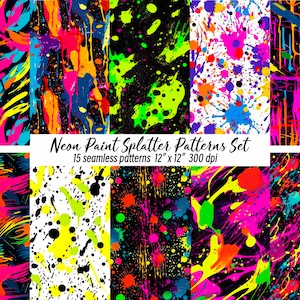 Vibrant Neon Paint Splatter Digital Paper Pack - Instant Download Seamless Neon Paint Splatter printable patterns and backgrounds