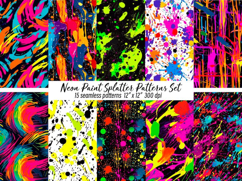 Vibrant Neon Paint Splatter Digital Paper Pack - Instant Download ...