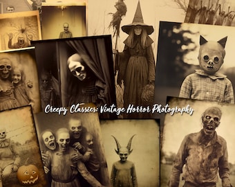 May include: A collage of vintage horror photographs featuring creepy figures, including a witch, a zombie, a child wearing a mask, and a skeleton. The text "Creepy Classics: Vintage Horror Photography" is displayed at the bottom of the collage.