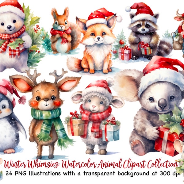 26 Christmas animals clipart png, Christmas gift clipart Winter clipart, dear, owl, bunny, cat, fox dog, mouse, Christmas png Commercial Use