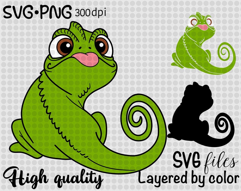 May include: Green cartoon chameleon with a curled tail. The chameleon has large eyes and a pink tongue sticking out. The image includes the text "SVG files layered by color" and "High quality".