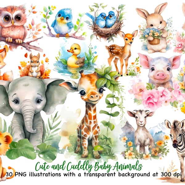 30 aquarelle bébé animaux Clipart, 30 lunatique bébé Animal Clipart pour chambre d’enfant décor Baby Shower anniversaire Sublimation usage commercial