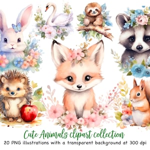 20 aquarelle bébé Animal Clipart, clipart animaux de la forêt, décor de pépinière illustration animaux aquarelle, renard, hibou, hérisson, lapin, cerf