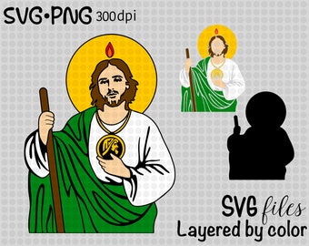 May include: A digital illustration of Saint Joseph, a religious figure, holding a staff and wearing a green robe with a gold heart. The image is layered by colour for easy editing.