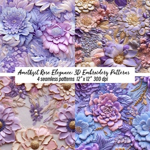刺繍花のシームレスパターン、デジタルシームレスパターン花刺繍、3D花柄、商用利用、デジタルペーパー