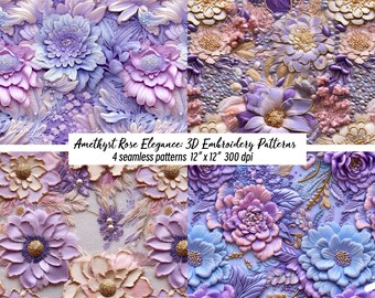 Puede incluir: Cuatro patrones de bordado digital sin costuras con un diseño floral morado, rosa y blanco. Los patrones miden 30,5 cm por 30,5 cm y 300 dpi.