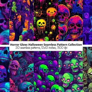 Könnte beinhalten: Eine Sammlung von 20 nahtlosen Mustern zum Thema Halloween. Die Muster zeigen neonfarbene Schädel, Skelette und gruselige Waldszenen in Lila, Grün und Orange. Der Text "Horror Glow: Halloween Seamless Pattern Collection" wird angezeigt.