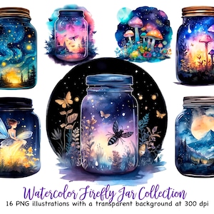 Watercolor Fireflies Clipart Bundle, 16 Transparent PNG Images 300 dpi, Firefly In Magical Mason Jars, Digital Download, Commercial Use