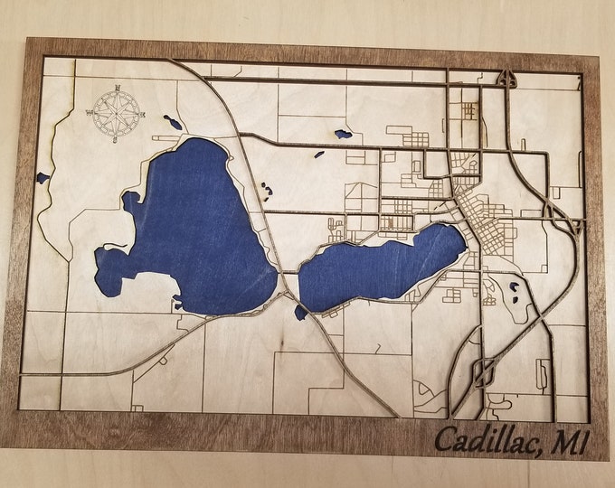 Cadillac, Michigan Map Lake Cadillac and Lake Mitchell 3D Art Made With