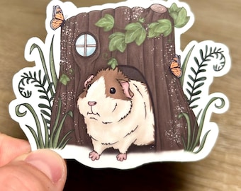 Sticker Enchanted Forest Cavia - Sticker Woodland Creatures - Boomstronk cavia - Grillige Cavia - Cottagecore Varken - Bos
