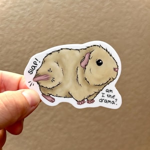 May include: A sticker featuring a cartoon guinea pig with a tan body, pink ears, and black eyes. Text on the sticker says "slap!" and "am I the drama?"