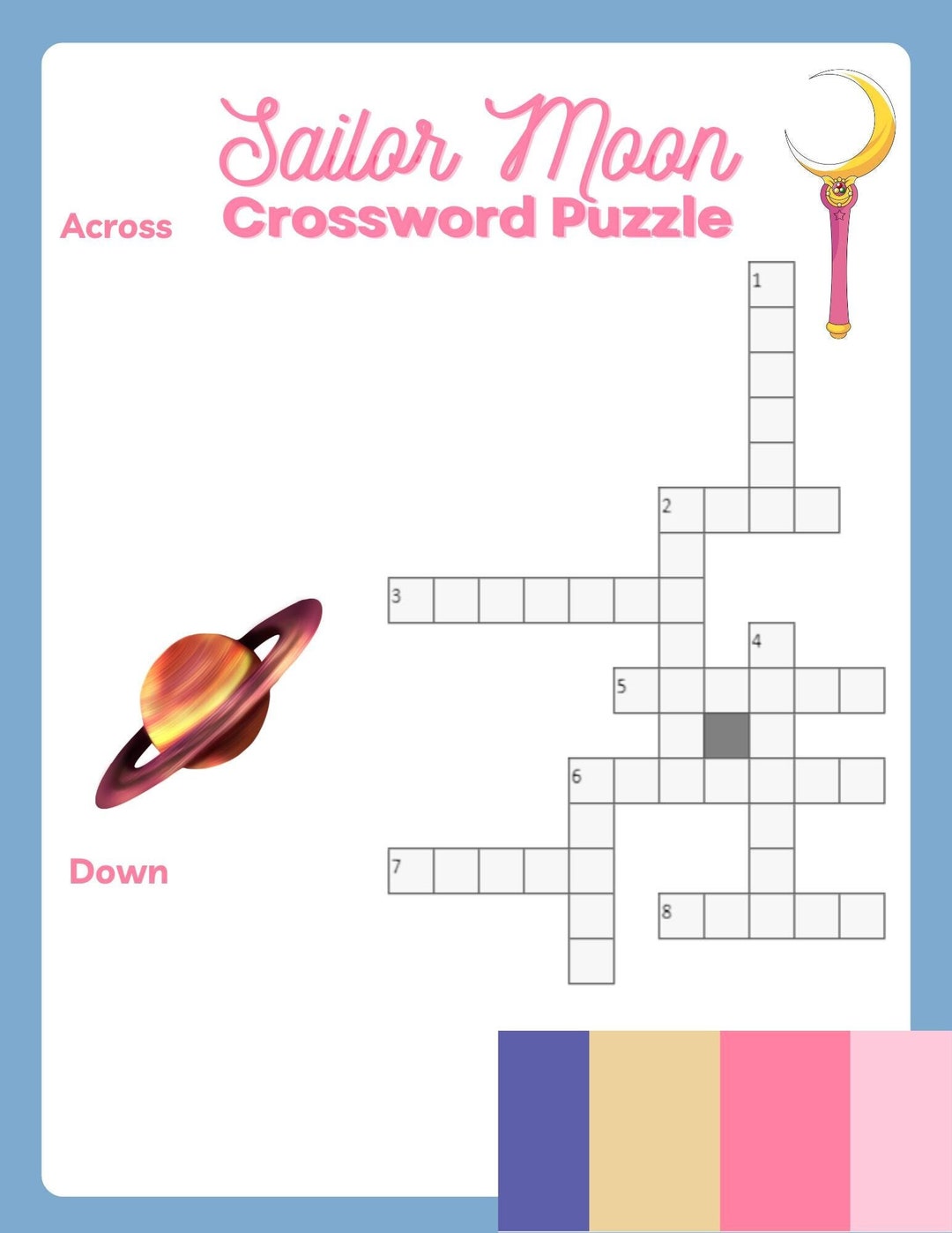 Anime, Sailor Moon, Crossword Puzzle, Printable Family Game, Trivia