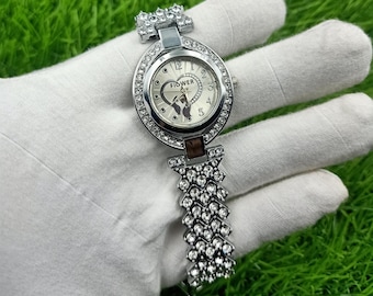 Vintage Silver Plated Watch Bracelet: Cubic Zirconia Charms, Wedding Jewelry