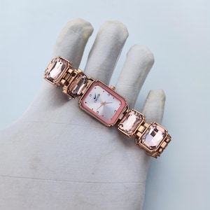 Handmade Rose Gold Wrist Watch: Pink Hydro Glass Gemstone