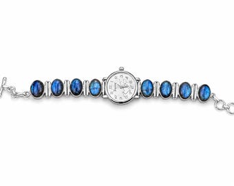 Vintage Silver Plated Blue Stone Bracelet Watch | Elegant Women's Jewelry Watch | Adjustable Wristwatch