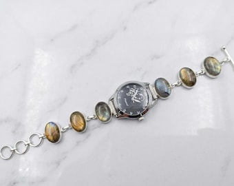 Natural Labradorite Silver Plated Bracelet Watch, Boho Chic Gemstone Timepiece