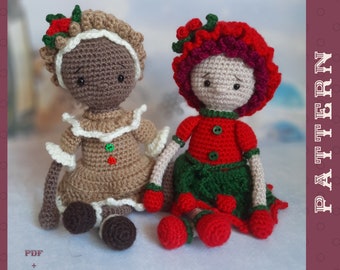 Set of 2 Crochet Christmas Patterns, Amigurumi Christmas Gingerbread Doll and Holly Doll  PDF English Tutorials