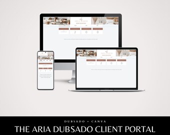 May include: Aria Maker website design displayed on a desktop computer, laptop, and smartphone. The website features a neutral colour palette with a logo and the text "Welcome to your client portal". The bottom of the image reads "The Aria Dubsado Client Portal".