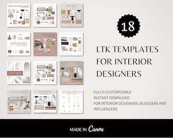 May include: Eighteen customizable social media templates for interior designers, bloggers, and influencers. The templates feature a collage of home decor items, including furniture, lighting, and accessories. The templates are made in Canva.