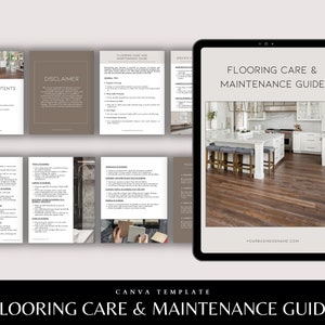 May include: A digital guide for flooring care and maintenance. The guide includes a table of contents, disclaimer, flooring care and maintenance instructions, and specific flooring types. The guide is displayed on a tablet with a kitchen interior in the background.