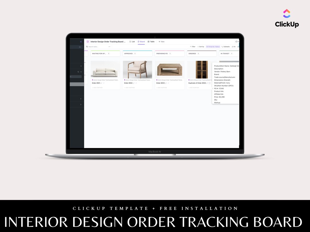 Clickup Interior Design Project Board: Order Tracking Template (digital ...