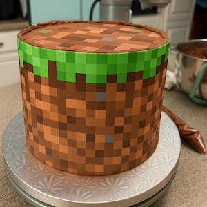 May include: A round cake decorated with a pixelated design, resembling a video game landscape. The cake features brown, orange, green, and gray squares, with a green band at the top. It sits on a silver cake stand.