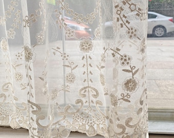 Soft Lace Embroidered Tulle Curtains | Vintage Floral Living Room & Bedroom Cafe Window Treatments Custom
