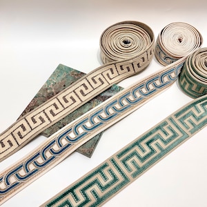 Embroidered Greek key border decoration, curtain trim, DIY fabric decoration.