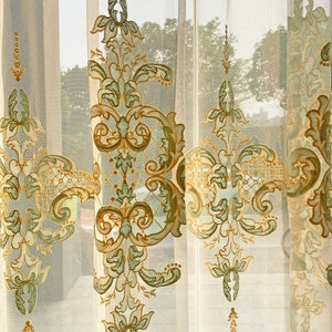 Green Vintage Flocked Lace Curtains Translucent Embroidered Gauze Sheers Breathable for Windows