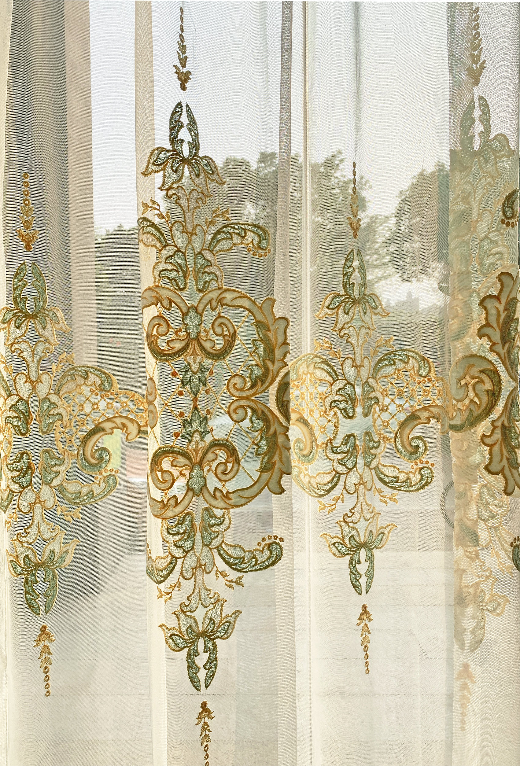 Green Vintage Flocked Lace Curtains Translucent Embroidered Gauze Sheers Breathable for Windows