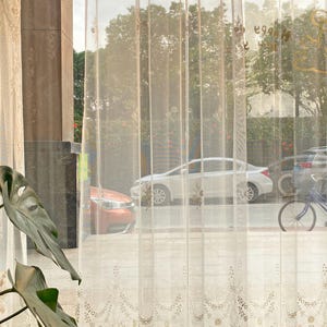 May include: Sheer, cream-colored curtains with delicate floral embroidery. The curtains are hanging in front of a window, with a view of trees, cars, and a bicycle outside. The light filters through the fabric, creating a soft, diffused glow.