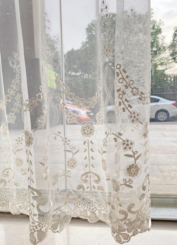 Soft Lace Embroidered Tulle Curtains | Vintage Floral Living Room & Bedroom Cafe Window Treatments Custom