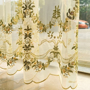 Baroque floral vintage fine embroidered gauze curtain, translucent curtain, green embroidered curtain, café curtain.