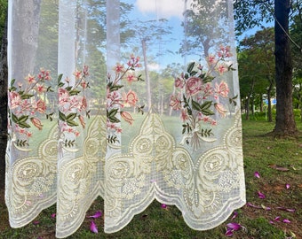Vintage Floral Sheer Embroidered Curtains Romantic Lace Trim for Bedroom Cafe Windows