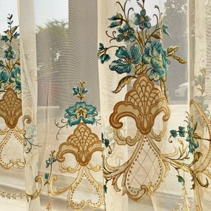 Blue baroque floral vintage fine embroidered gauze curtain, lace embroidered translucent curtain, vintage curtain.