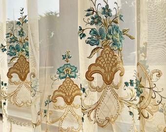 Blue Embroidered Sheer Vintage Curtains: Cafe Bedroom Decor