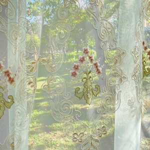 Baroque Floral Hand-Embroidered Vintage Sheer Curtains | Light-Filtering Romantic Window Treatment for Dining & Bedroom