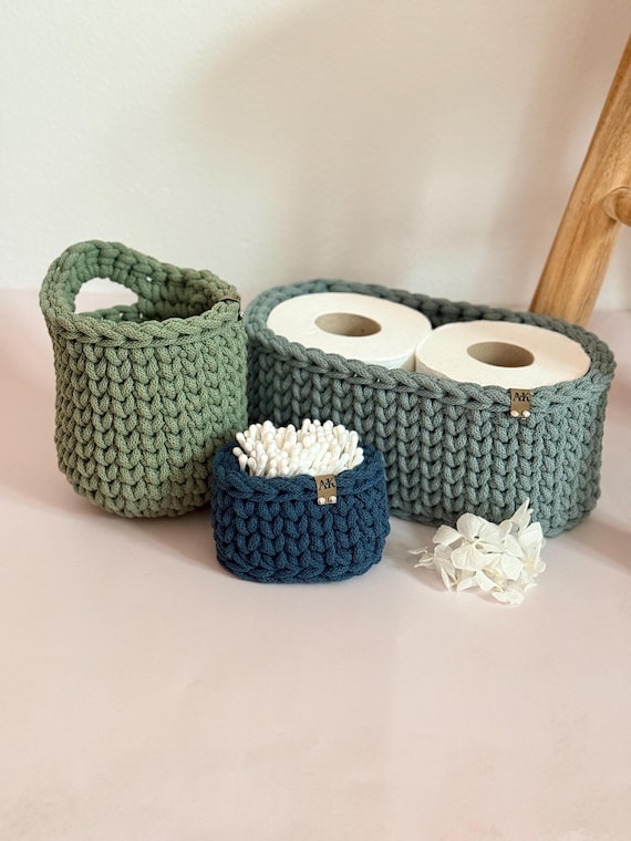 Badezimmer Körbe Set gehäkelt | Aufbewahrung Bad Organizer | Toilettenpapier Korb | Kosmetik Organizer | Boho Bad Deko | Handgemacht