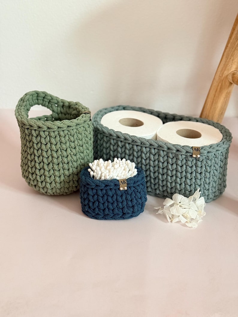 Crocheted Bathroom Basket Set | Bathroom Storage Organizer | Toilet Paper Basket | Cosmetic Organizer | Boho Bathroom Decor | Handmade image 1