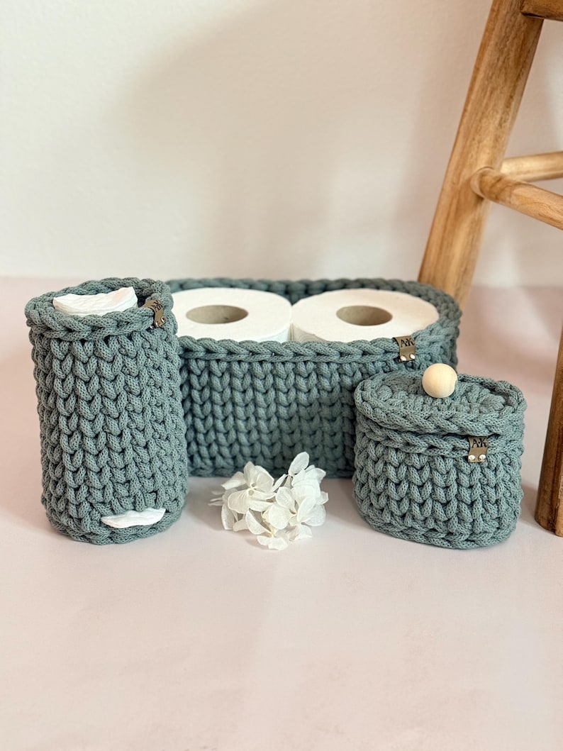 Crocheted Bathroom Basket Set | Bathroom Storage Organizer | Toilet Paper Basket | Cosmetic Organizer | Boho Bathroom Decor | Handmade Laurel