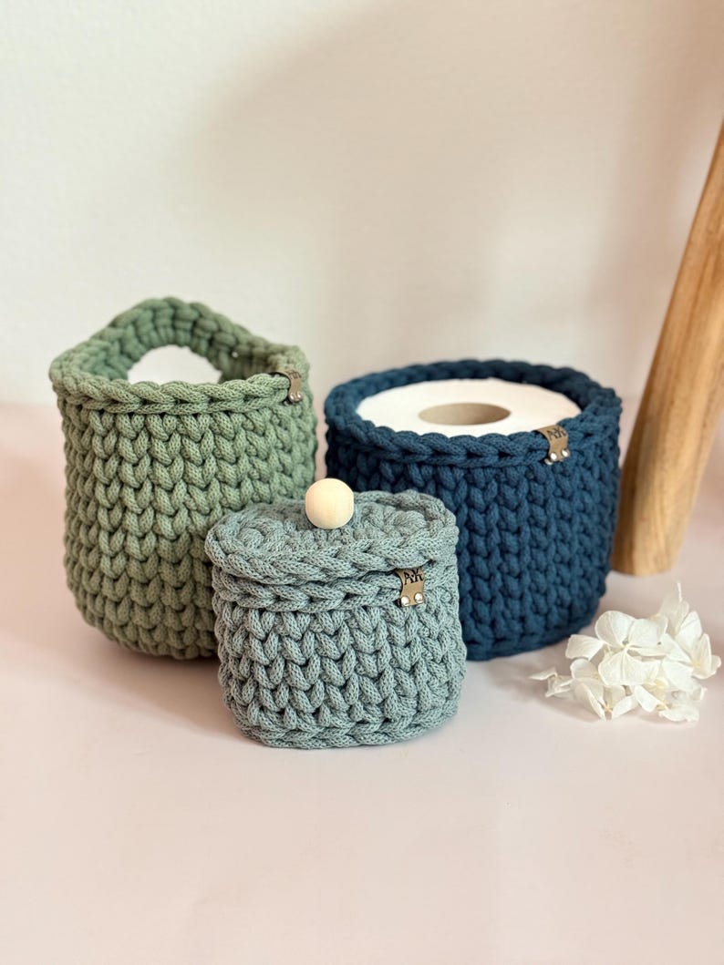 Crocheted Bathroom Basket Set | Bathroom Storage Organizer | Toilet Paper Basket | Cosmetic Organizer | Boho Bathroom Decor | Handmade image 16