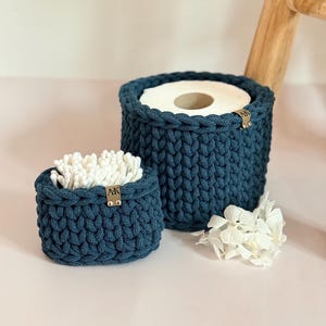 Crocheted Bathroom Basket Set | Bathroom Storage Organizer | Toilet Paper Basket | Cosmetic Organizer | Boho Bathroom Decor | Handmade Peacock Blue