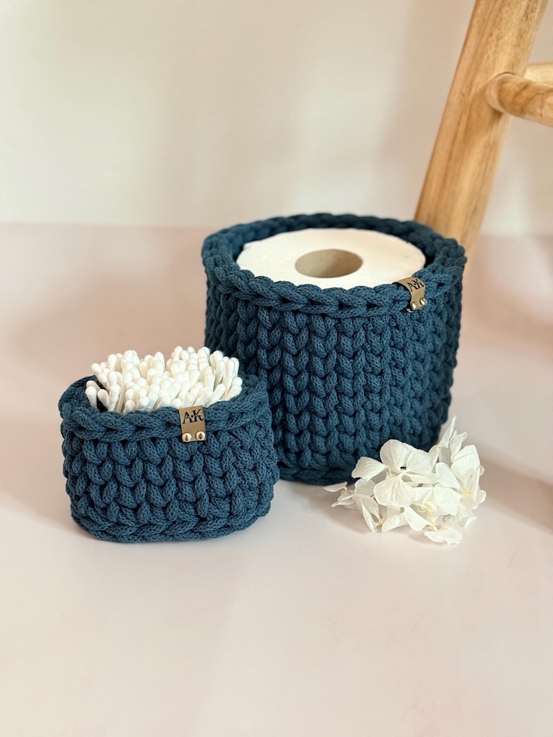Crocheted Bathroom Basket Set | Bathroom Storage Organizer | Toilet Paper Basket | Cosmetic Organizer | Boho Bathroom Decor | Handmade Peacock Blue