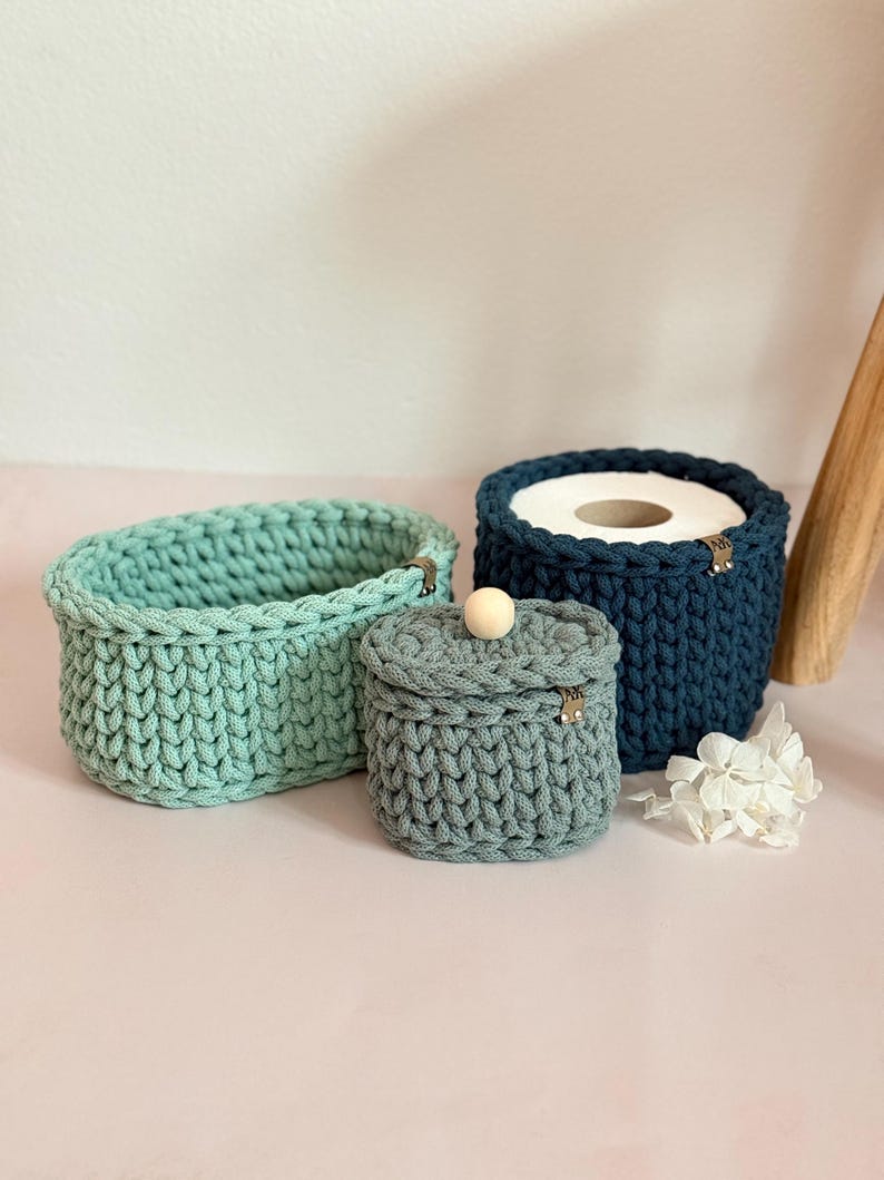 Crocheted Bathroom Basket Set | Bathroom Storage Organizer | Toilet Paper Basket | Cosmetic Organizer | Boho Bathroom Decor | Handmade image 14