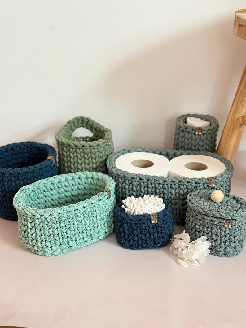 Crocheted Bathroom Basket Set | Bathroom Storage Organizer | Toilet Paper Basket | Cosmetic Organizer | Boho Bathroom Decor | Handmade image 2