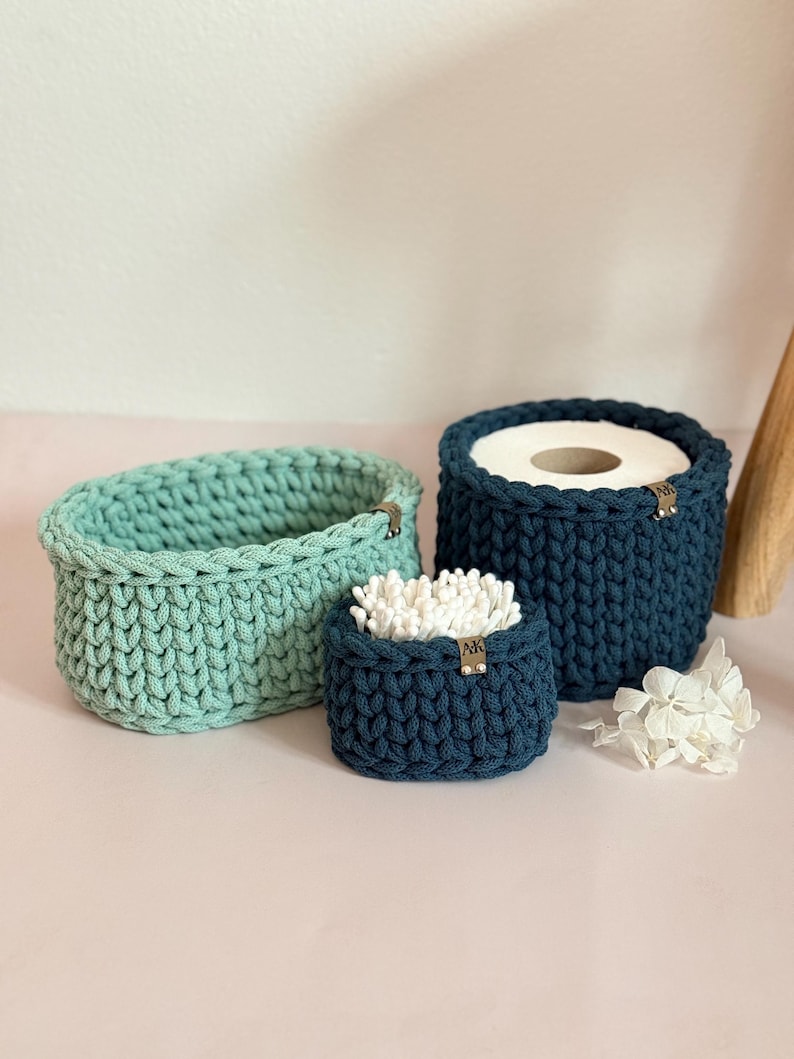 Crocheted Bathroom Basket Set | Bathroom Storage Organizer | Toilet Paper Basket | Cosmetic Organizer | Boho Bathroom Decor | Handmade image 17