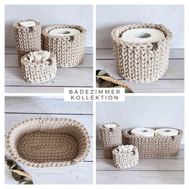 May include: A collection of beige crochet bathroom organizers, including a toilet paper holder, a cotton swab holder, and a tall, cylindrical container. The text "BADEZIMMER KOLLEKTION" is displayed on a white background. The items are arranged on a light wooden surface.
