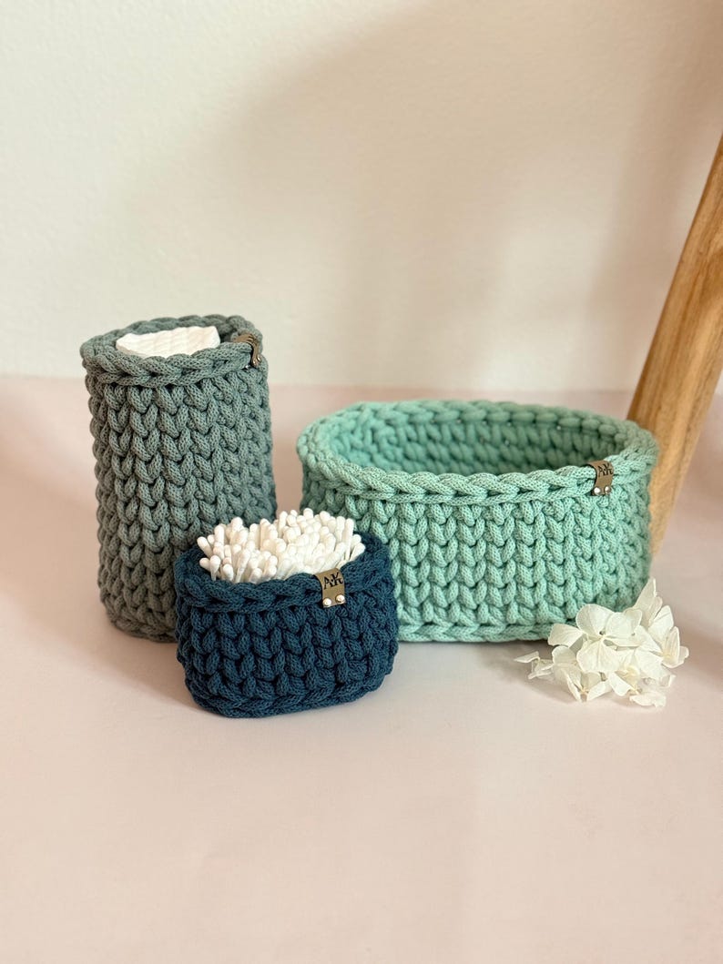 Crocheted Bathroom Basket Set | Bathroom Storage Organizer | Toilet Paper Basket | Cosmetic Organizer | Boho Bathroom Decor | Handmade image 18
