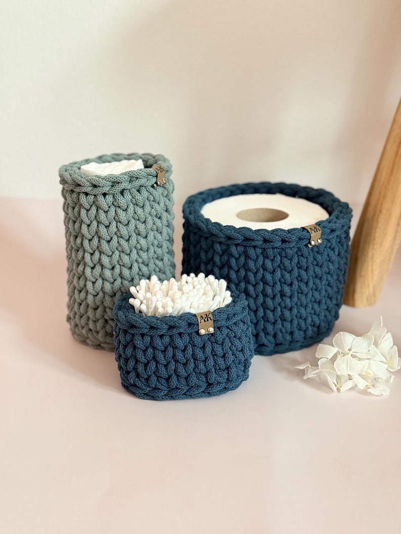 Crocheted Bathroom Basket Set | Bathroom Storage Organizer | Toilet Paper Basket | Cosmetic Organizer | Boho Bathroom Decor | Handmade image 15