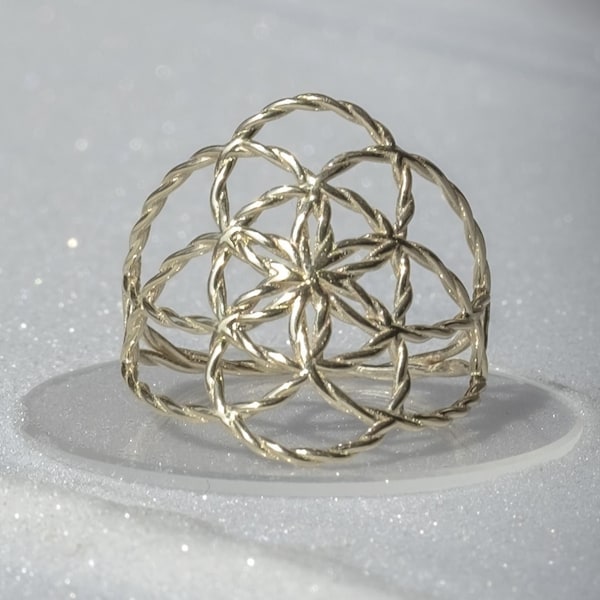 14K Gold Flower of Life Ring | Solid Gold Unique Women's Ring | One-of-a-kind | Seed of Life Surrounds Finger Perfectly | Fine Jewelry Gift